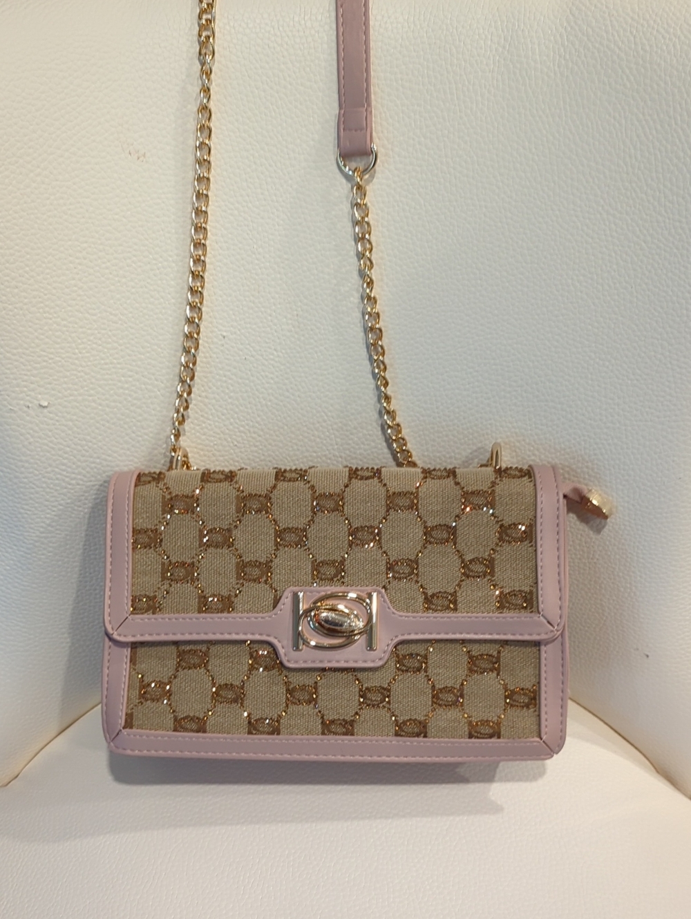 bebe Pink Trim Beige Crossbody with Gold Chain